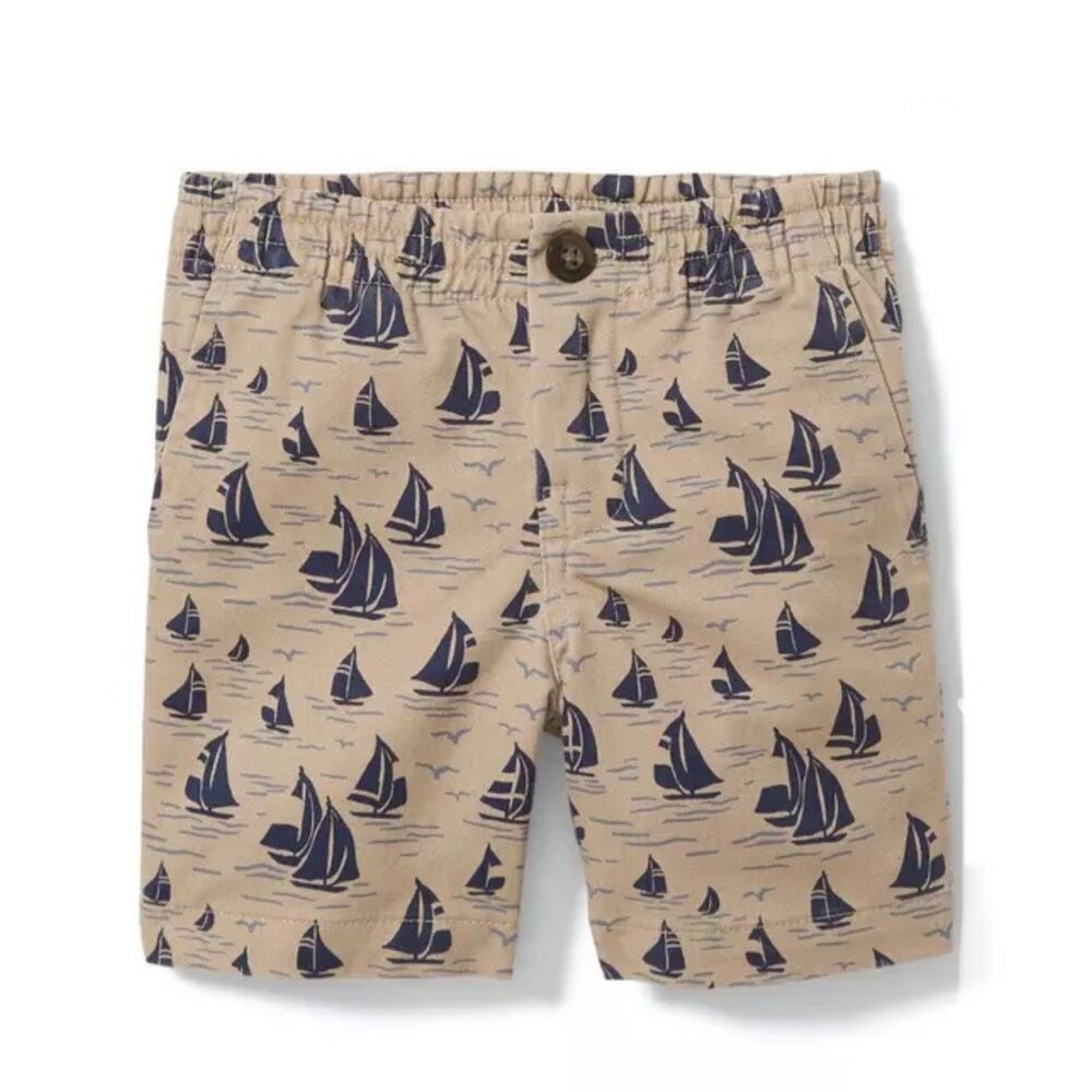 Janie and Jack Twill Flat Front Short in Khaki Sailboat Print Size 6/12 Months